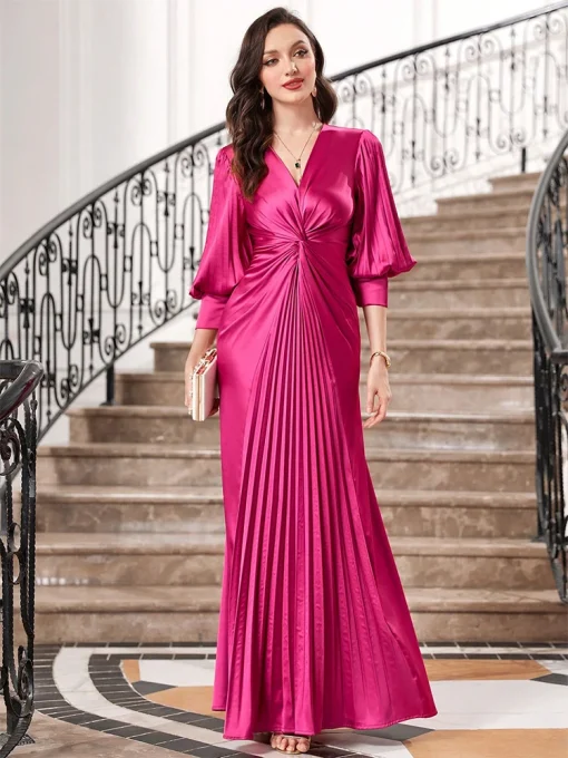 Rose Red Chiffon V-Neck Lantern Sleeve Evening Gown