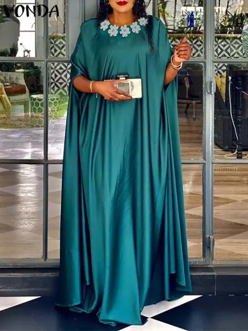 Plus Size Bohemian Satin Maxi Dress with 3/4 Sleeves - Image 2