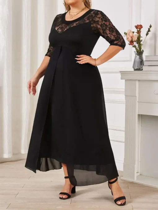 Elegant Plus Size Solid Black Knit Split Summer Dress