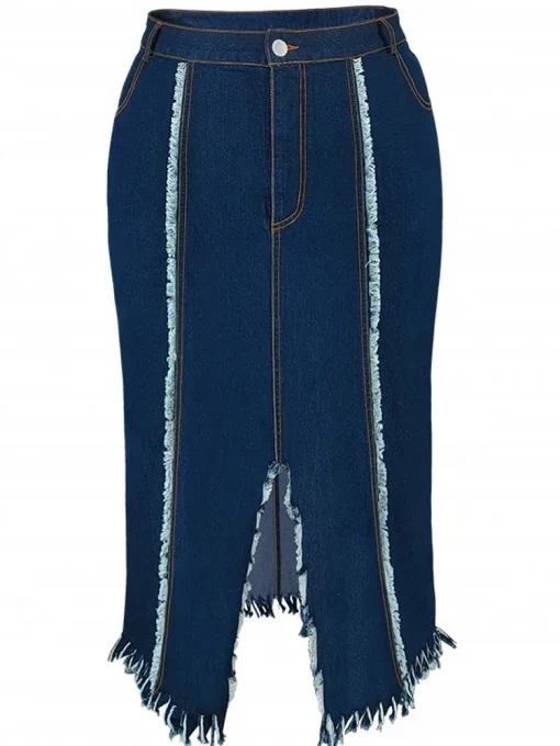 Plus Size Women's High Waist Washed Denim Slit Skirt - Image 3