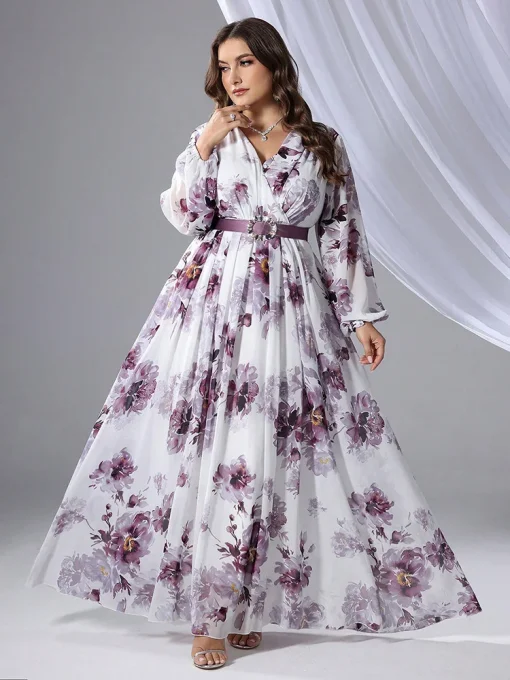 Plus Size Floral Print V-Neck Long Sleeve Maxi Dress - Image 4