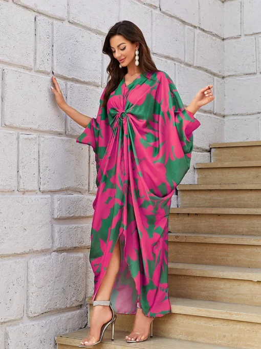 Summer Casual Elegant Arabian Floral Print Batwing Sleeve Dress - Image 2