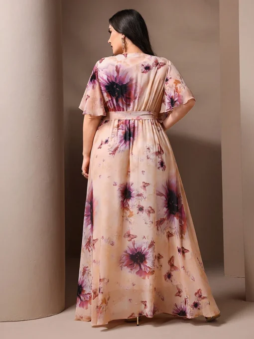 Plus Size Floral Printed Ruffle Sleeve Belted Holiday Dress - Image 2