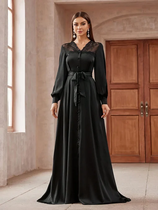 Elegant Mesh Belted Lace Spliced Lantern Sleeve Long Dress - Image 4