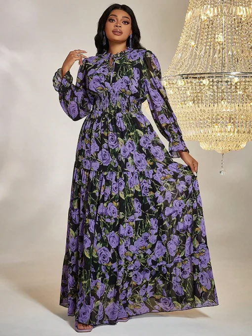 Plus-Size Women’s Vintage Sweet Print Chiffon Maxi Dress - Image 3