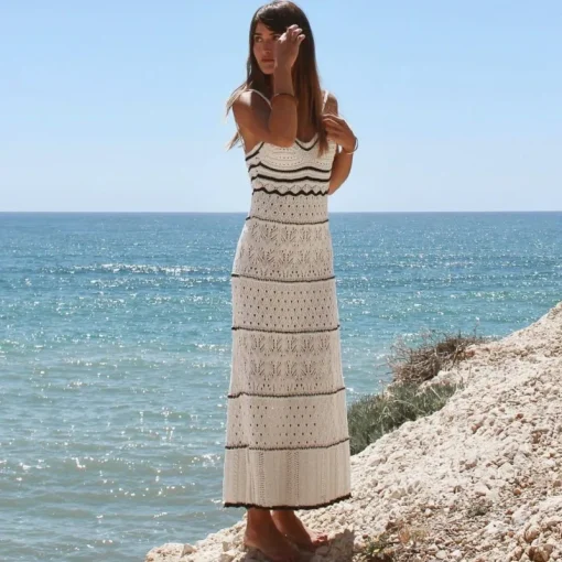 Knitted Maxi Cover-Up Dress with Spaghetti Straps Women