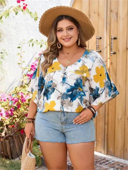 Elegant Plus Size Printed Round Collar Loose Blouse - Image 2