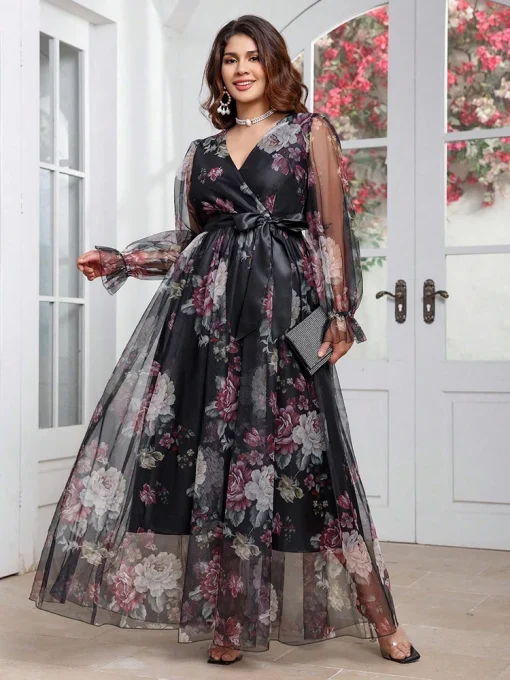 Plus Size Floral Print V-Neck Long Sleeve Maxi Dress - Image 2