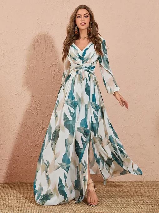 Bohemian Plant Print High Waist Side Split Maxi Dress