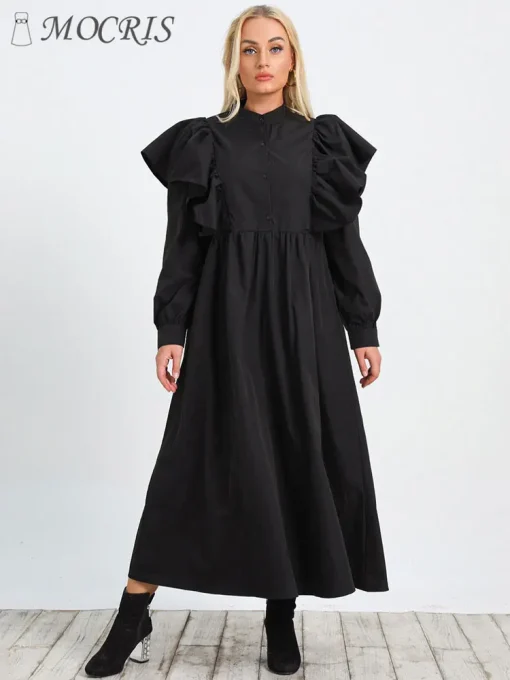 Plus Size Monochrome A-Line Long Sleeve Dress - Image 3