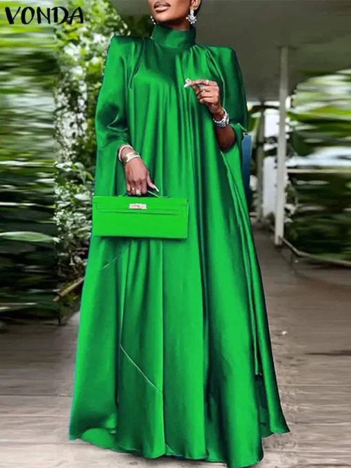 Elegant Satin Long Sleeve Maxi Dress Pleated Evening Sundress - Image 3