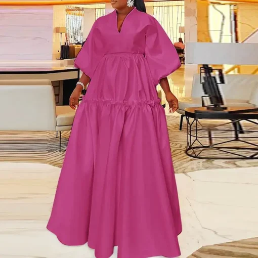 Plus Size Elegant Long Maxi Dress with Lantern Sleeves