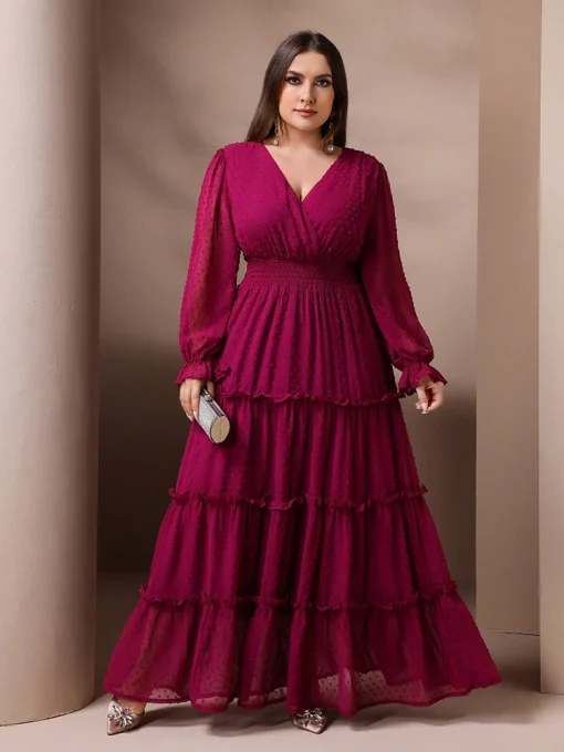 Plus Size Solid Color Cinched Waist Maxi Party Dress - Image 4