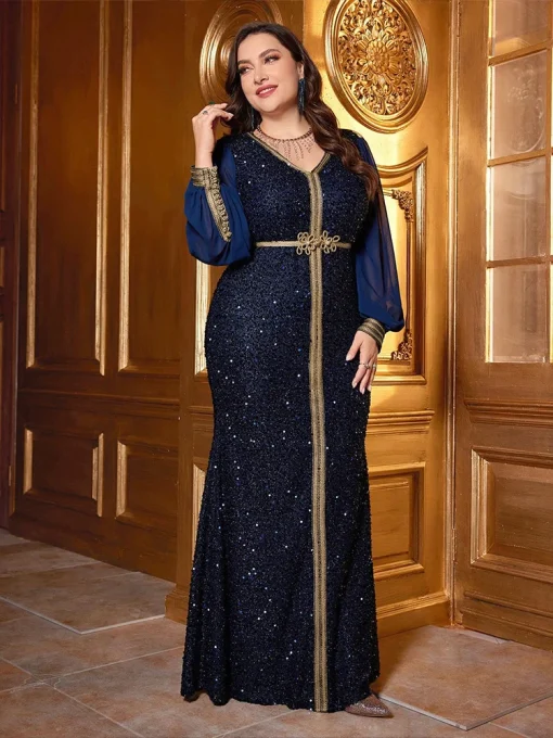 Plus Size Vintage Sequin V-Neck Maxi Evening Dress - Image 3