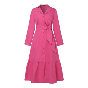 Women Elegant Long Sleeve Ruffled Shirt Dress Belted Sundress