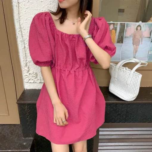 Women Summer Puff Sleeve Square Collar Mini Sundress - Image 6