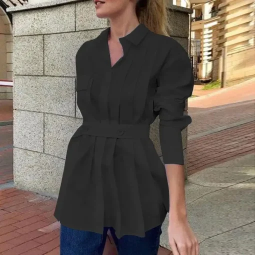 Women's Elegant Long Sleeve Belted Tunic Shirt