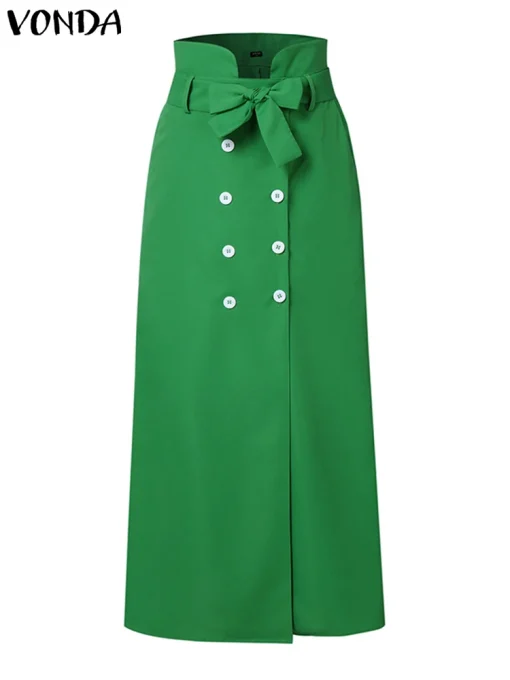 Women Office Maxi Skirt with Bow and Buttons - Image 3