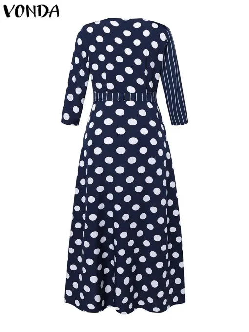 Women Elegant V-Neck Split Stripes Polka Dot Dress - Image 3