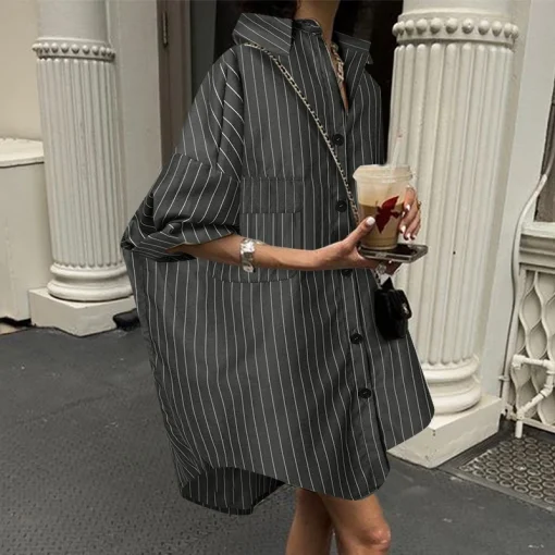 Plus Size Casual Stripe Splicing Shirt Dress - Image 5