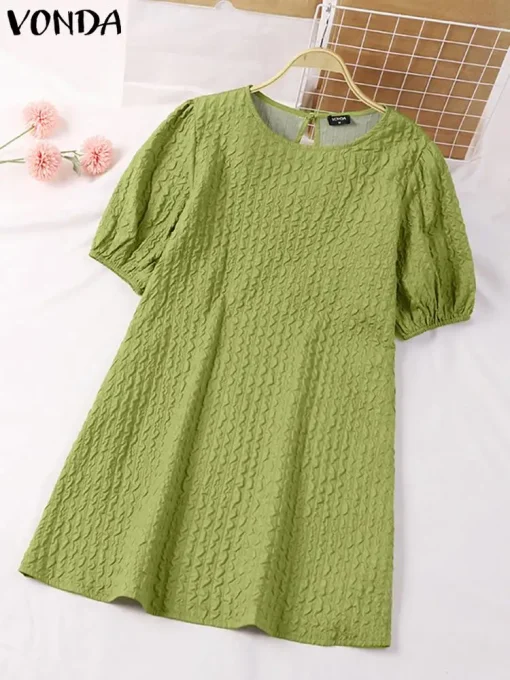 Women’s Elegant Solid Color Puff Sleeve Summer Dress - Image 3