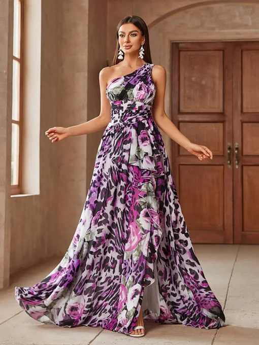 Elegant Asymmetrical Neckline Floral Leopard Print Ball Gown - Image 5