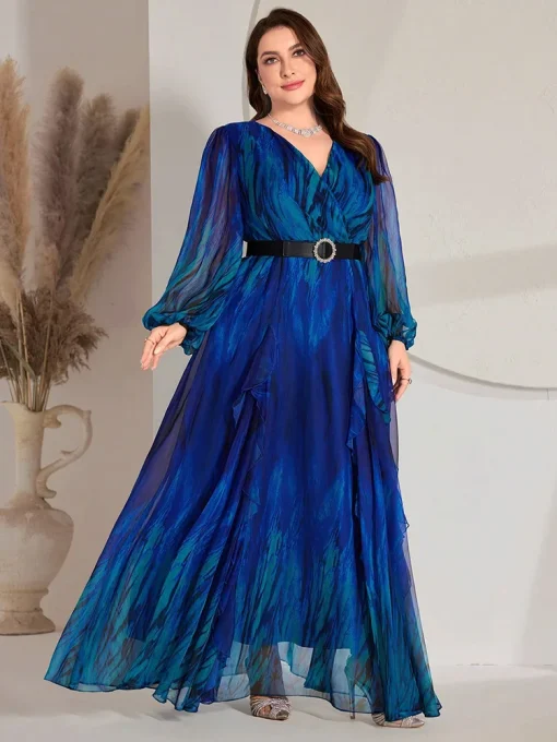 Luxury Elegant Plus Size V-Neck Ombre Lantern Sleeve Maxi Dress