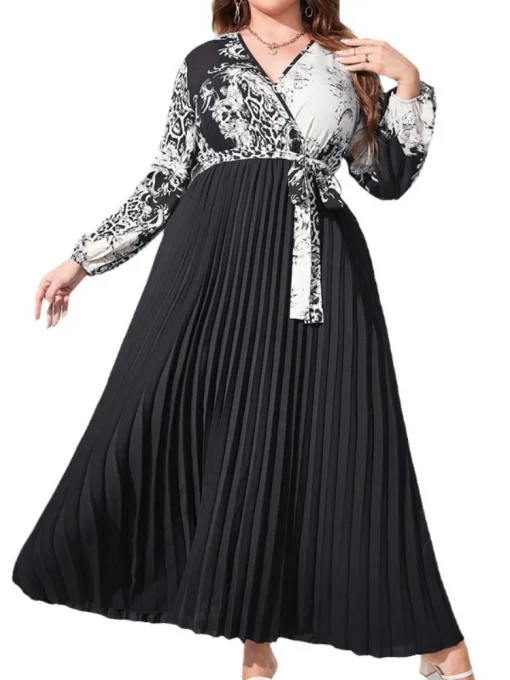 Retro V-Neck Long Sleeve Printed High Waist Casual Dress - Image 6