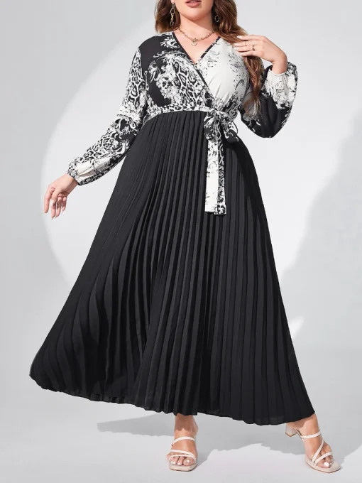 Retro V-Neck Long Sleeve Printed High Waist Casual Dress - Image 2