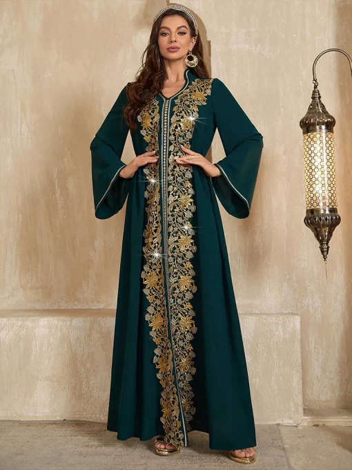 Floor-Length Muslim Ice Silk Crepe Dress with Trumpet Sleeves - Image 4