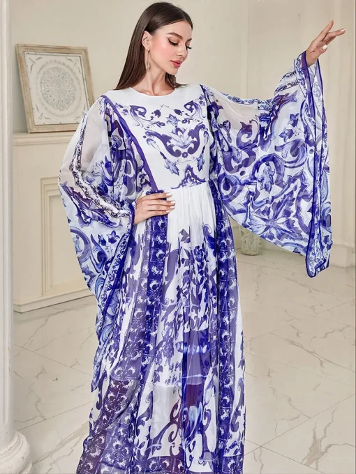 Women’s Floor-Length Chiffon Muslim Print Ethnic Dress - Image 6