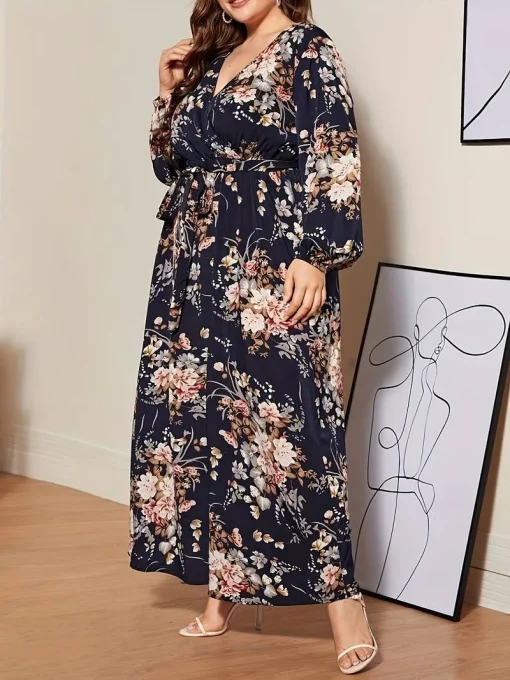 Elegant Plus Size Floral V-Neck Long Sleeve Evening Dress - Image 4