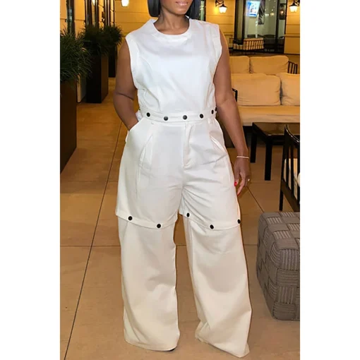 Plus Size White Round Neck Detachable Pant Set with Pockets