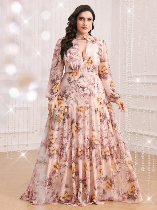 Plus Size Floral Print Keyhole Neck Long Sleeve Dress