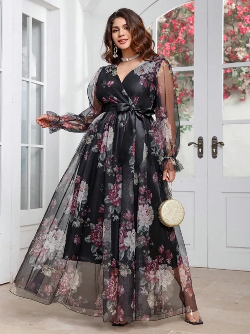 Plus Size Floral Print V-Neck Long Sleeve Maxi Dress