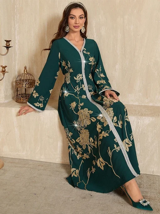 Women’s Vintage V-Neck Floor-Length Green Dress - Image 6