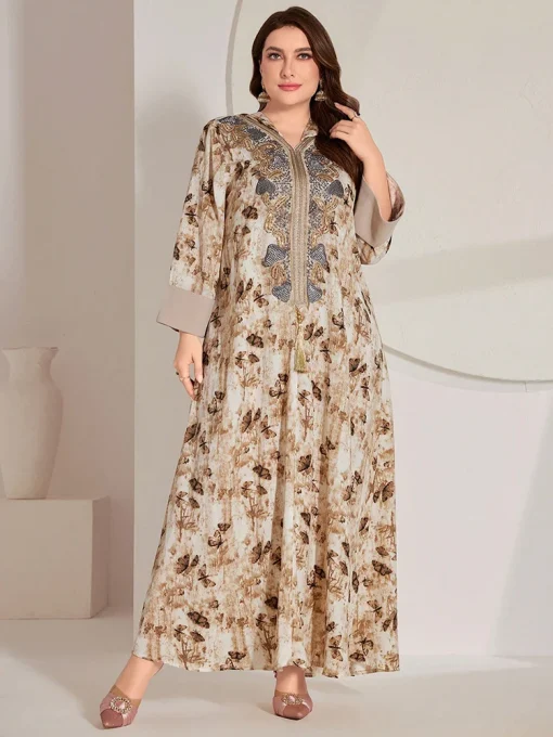 Plus Size Butterfly Print Long Sleeve Maxi Party Dress