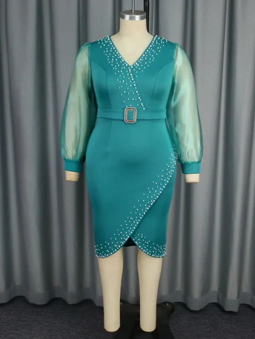 Luxury Beaded V-Neck Mesh Bubble Sleeve Midi Dress - Image 2