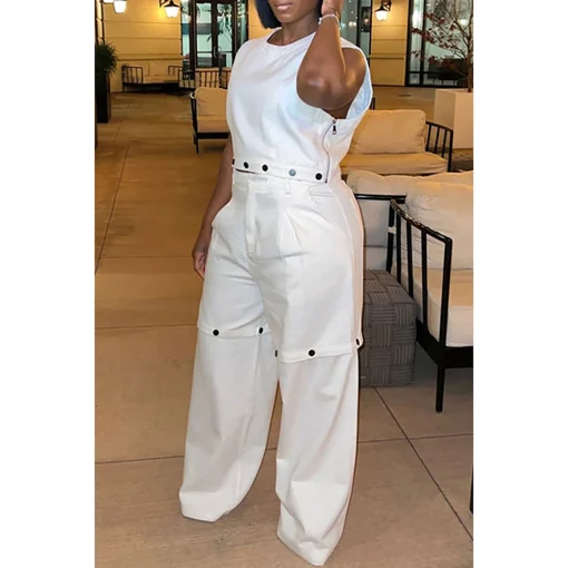 Plus Size White Round Neck Detachable Pant Set with Pockets - Image 4