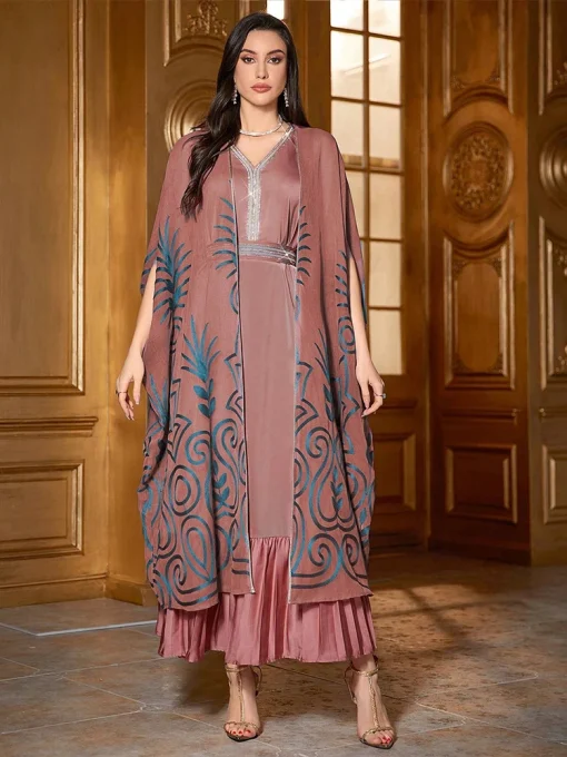 Elegant Pleated Print Two-Piece Ankle-Length Muslim Dress