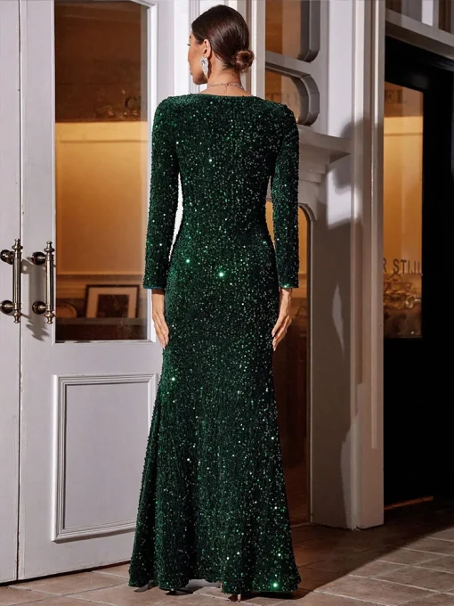 Women’s Floor-Length Sequin Slim-Fit Dark Green Party Dress - Image 2