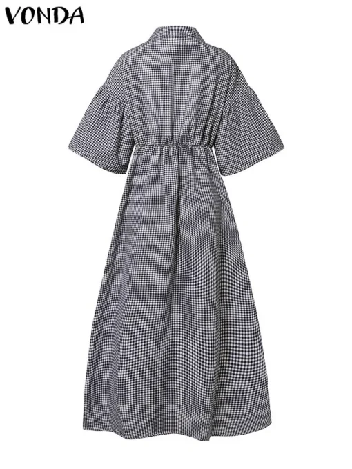 Elegant Plaid Maxi Dress with Half Flare Sleeves - Image 3