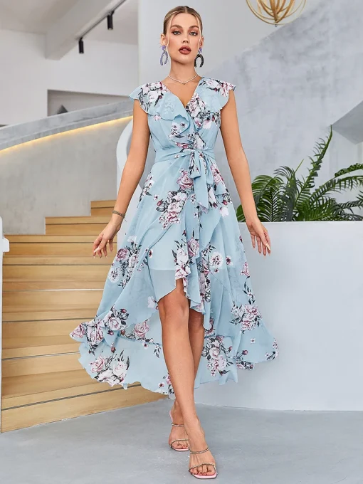 Casual Blue Chiffon Floor-Length Ball Party Dress