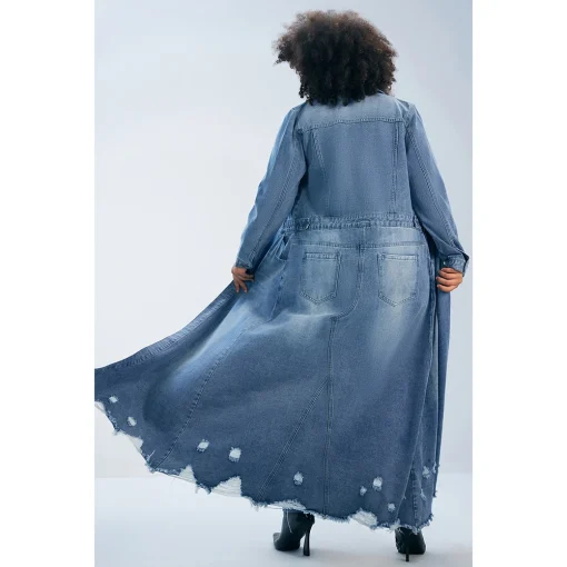 Plus Size Light Blue Ripped Denim Long Coat - Image 2