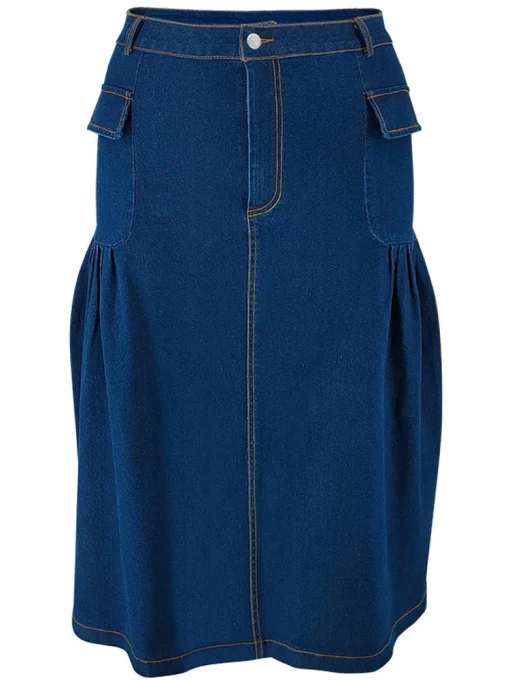 Plus Size High Waist Button A-Line Denim Midi Skirt - Image 4