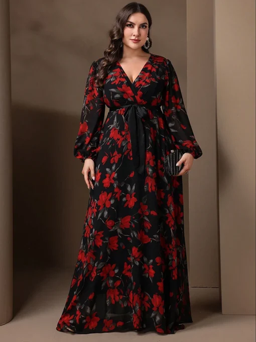 Plus Size Floral Print Lantern Sleeve Maxi Party Dress - Image 4