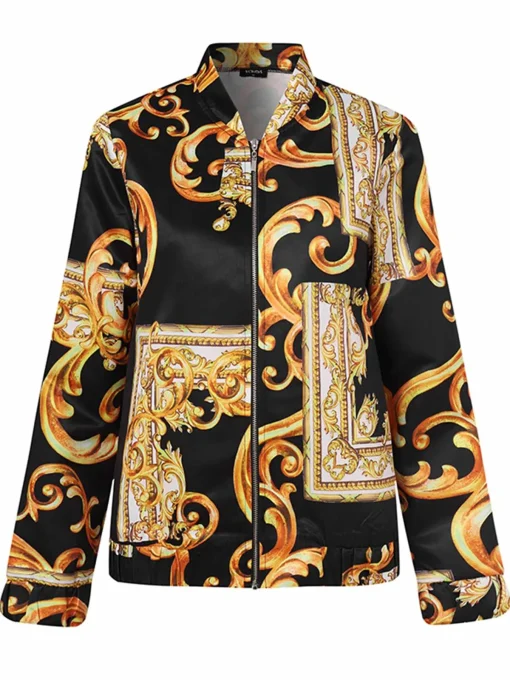 Elegant Oversized Printed Jackets with Zipper and Pleats