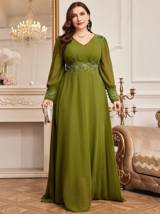 Luxury Elegant Long Sleeve Plus Size Embroidery Maxi Party Dress - Image 4