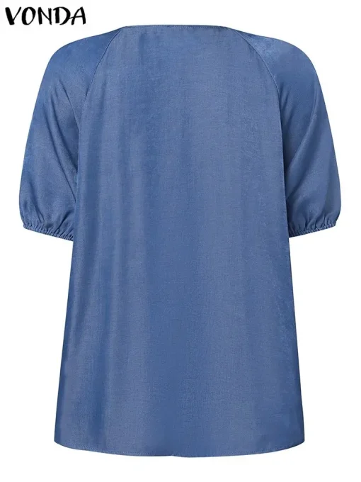 Women's Denim Puff Sleeve Square Neck Tunic Blouse - Image 3