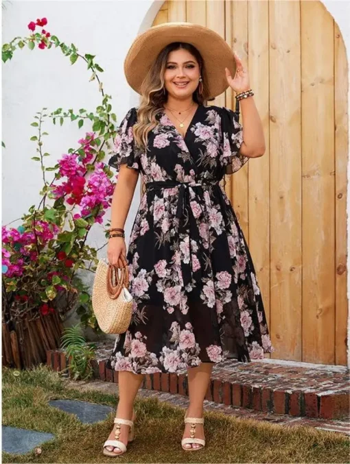 Elegant Plus Size Floral Curved Hemline Evening Party Dress - Image 2